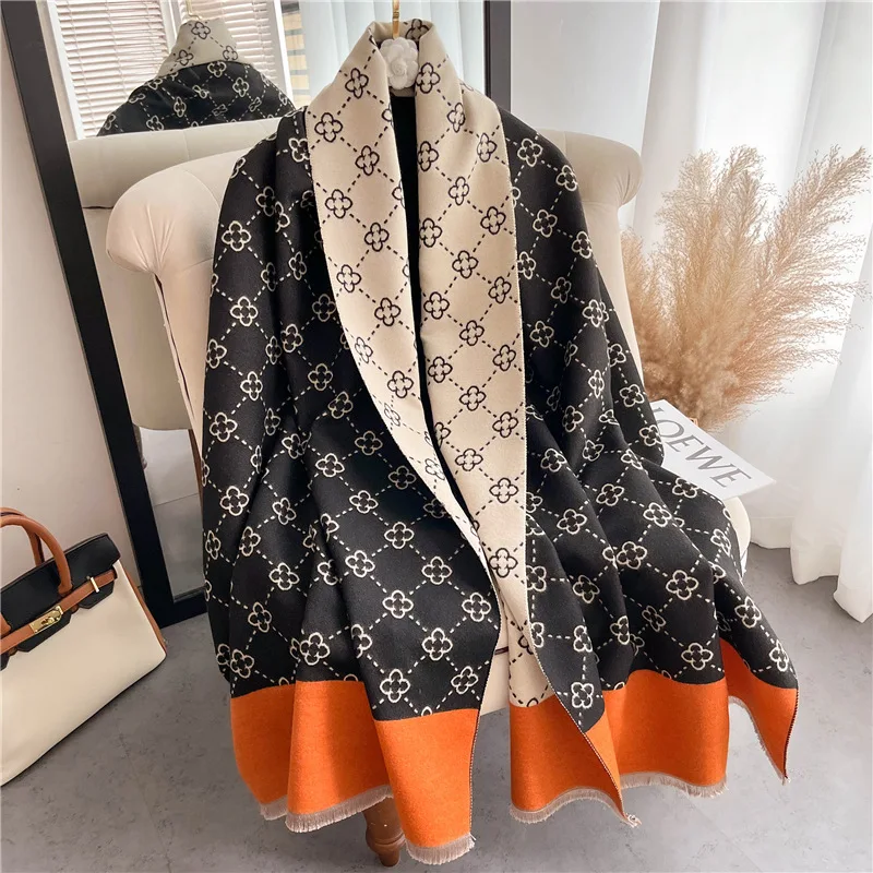 Fashion Elegant Flowers Acrylic Cashmere Scarf Long Shawl Double Sides Winter Neckerchief Women Spring Summer Cape Wraps