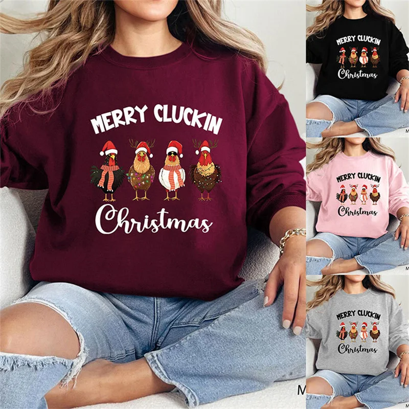 

New cotton women's winter merry cluckin christmas Christmas Farm print letter casual vintage crew-neck fleece hoodie