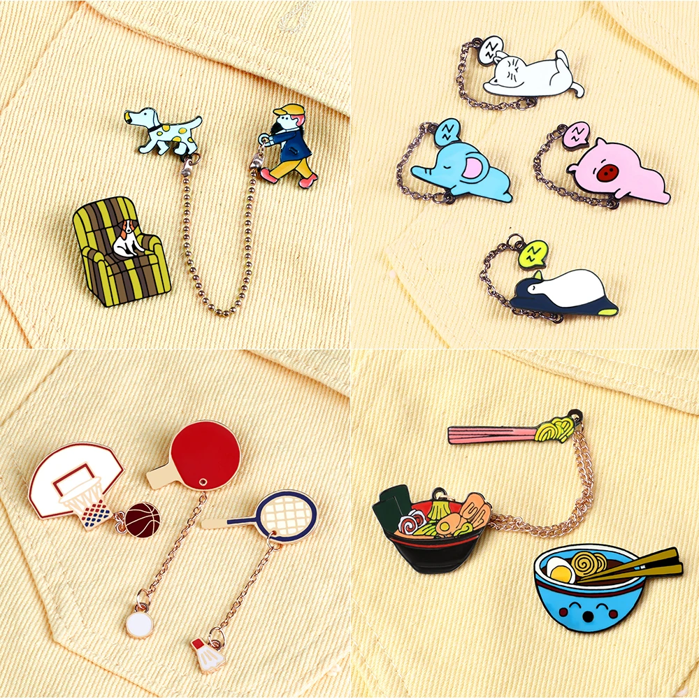 2-4Pcs/Set Chain Enamal Pins Cute Animal Ball Hand-Pulled Noodle Brooches Women Men Clothes Lapel Pin Badges Jewelry Gift New