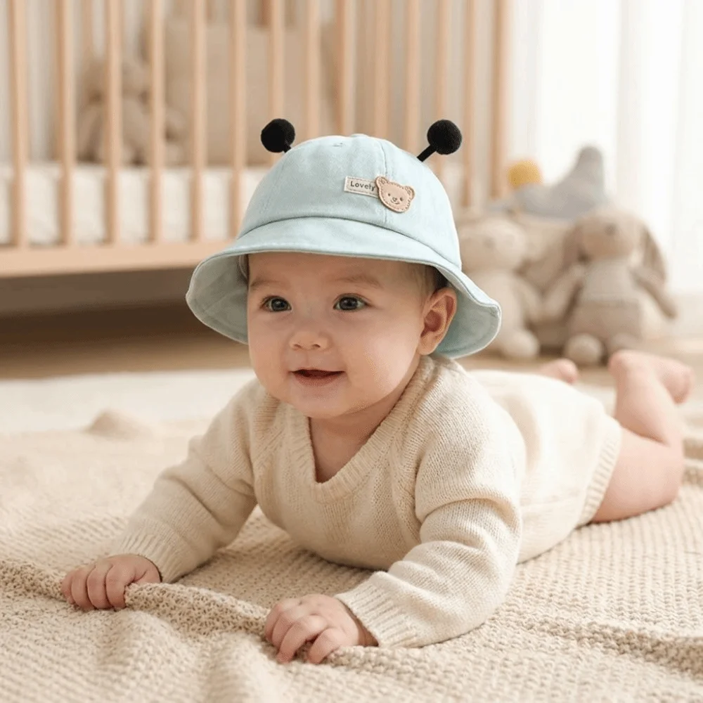 

Gift Solid Color Baby Bucket Hat Cartoon Design Wide Brim Toddler Sun Hat Breathable Lightweight Kids Panama Hat Summer Season