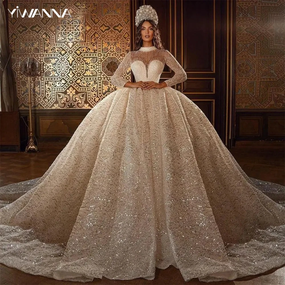 

Modest High Collar Long Sleeve Bride Dress Sparkly Sequins Wedding Gown 2024 Luxury Ball Gown Long Bride Robe Vestido De Novia