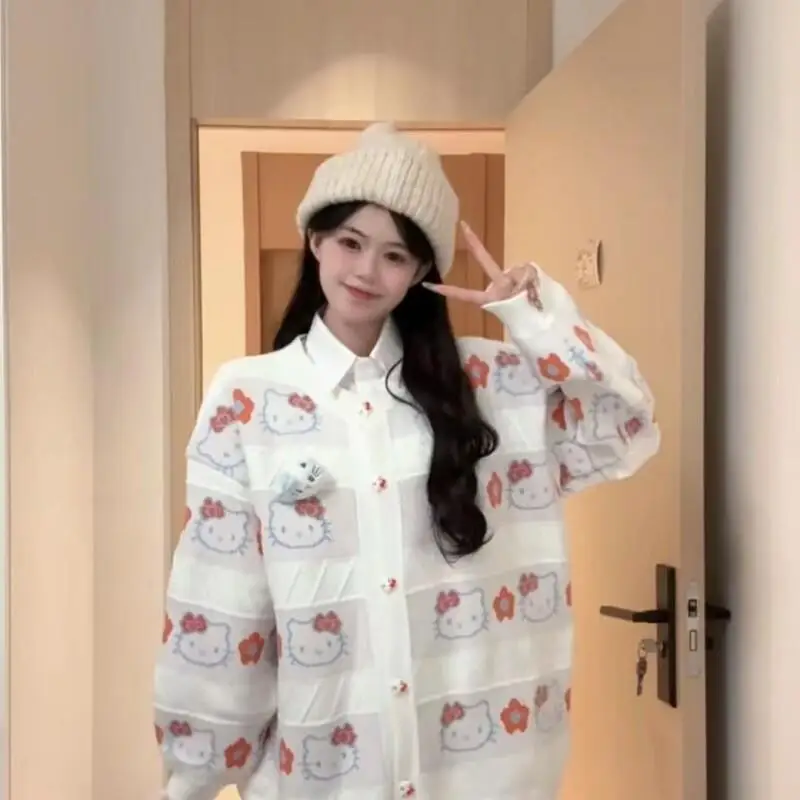 

Kawaii аниме модный повседневный женский костюм Sanrio Hello Kitty, спортивный костюм, элегантные комплекты одежды, трендовые брюки 2025, женские брюки из двух предметов