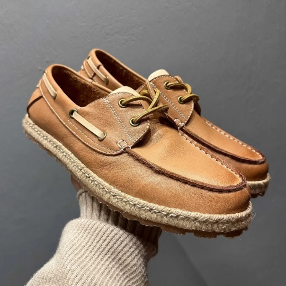 QHCCID 남성용 레트로 수제 캐주얼 신발 천연 가죽 통기성 부드러운 소가죽 보트 피셔맨 슈즈