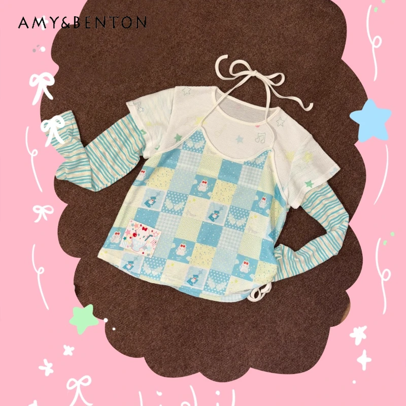 التصميم الأصلي كتلة اللون وهمية 3 قطعة 2 قطعة المرأة أفضل الخريف جديد مخطط منقوشة الربط الرسن كم طويل تي شيرت فتاة #1