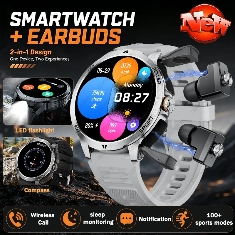 2026 New Watch Earphones 2-in-1 Smart Watch, Wireless Call, Built in True Wireless Earphones, Compass Navigation,100+Sports Mode