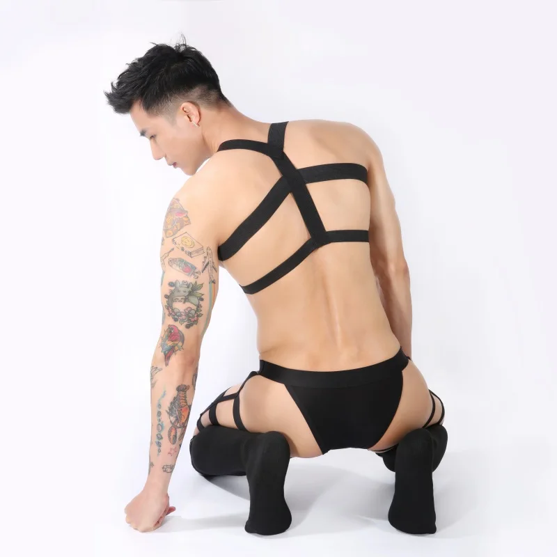 Sexy Mens Jockstrap Thigh Suspender Briefs With Bandage Belt Male Erotic Fetish Costume Strap Lingerie Body Harness Stockings
