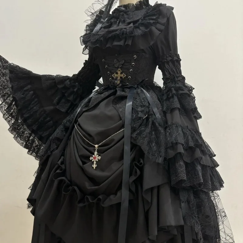 2026 New Japanese Korean Gothic Sleeves High Waist Shirt Slim Fit Pleated Long Skirt Women Lace Bow Lolita Y2k Skirt 3 Piece Set image 5