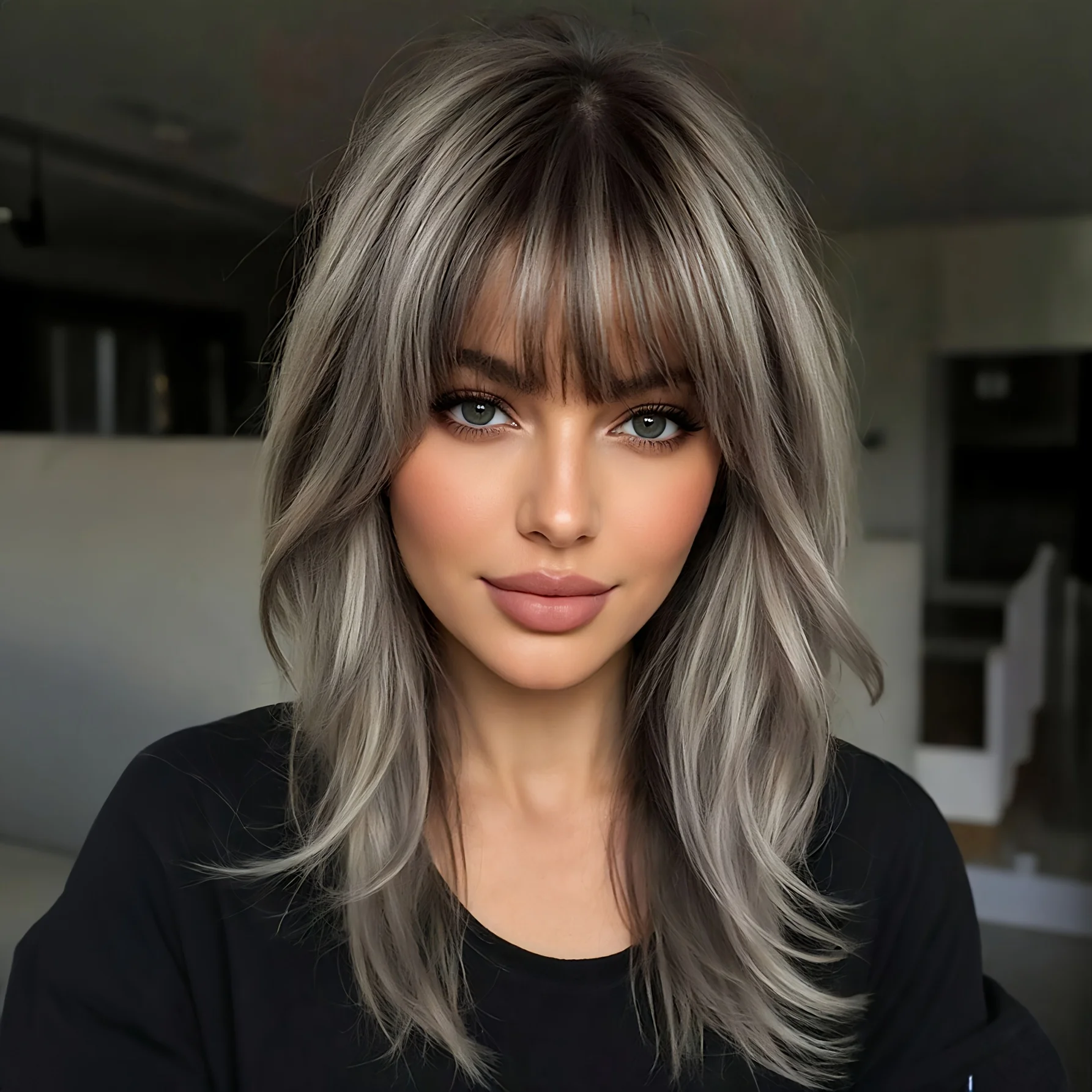 18-inch elegant grey long curly wig featuring highlights and lizard-pattern synthetic fibers.