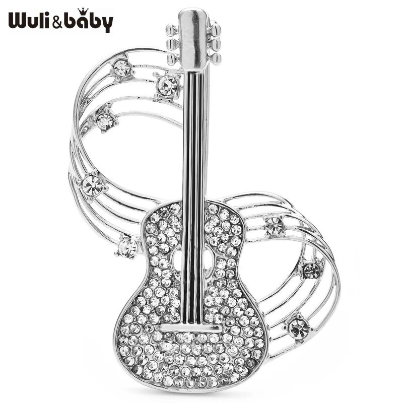 Wuli&baby Pretty Musical And Violin Brooches For Women Unisex 2-color Rhinestone Guitar Brooch Pins Gifts