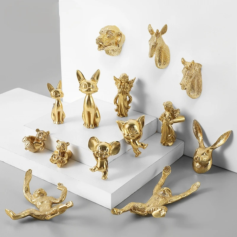 1Pcs Creative Personality Animal Monkey Kitten Mouse Bear Dog Deer Rabbit Horse Head Brass Furniture Drawer Wardrobe Handle