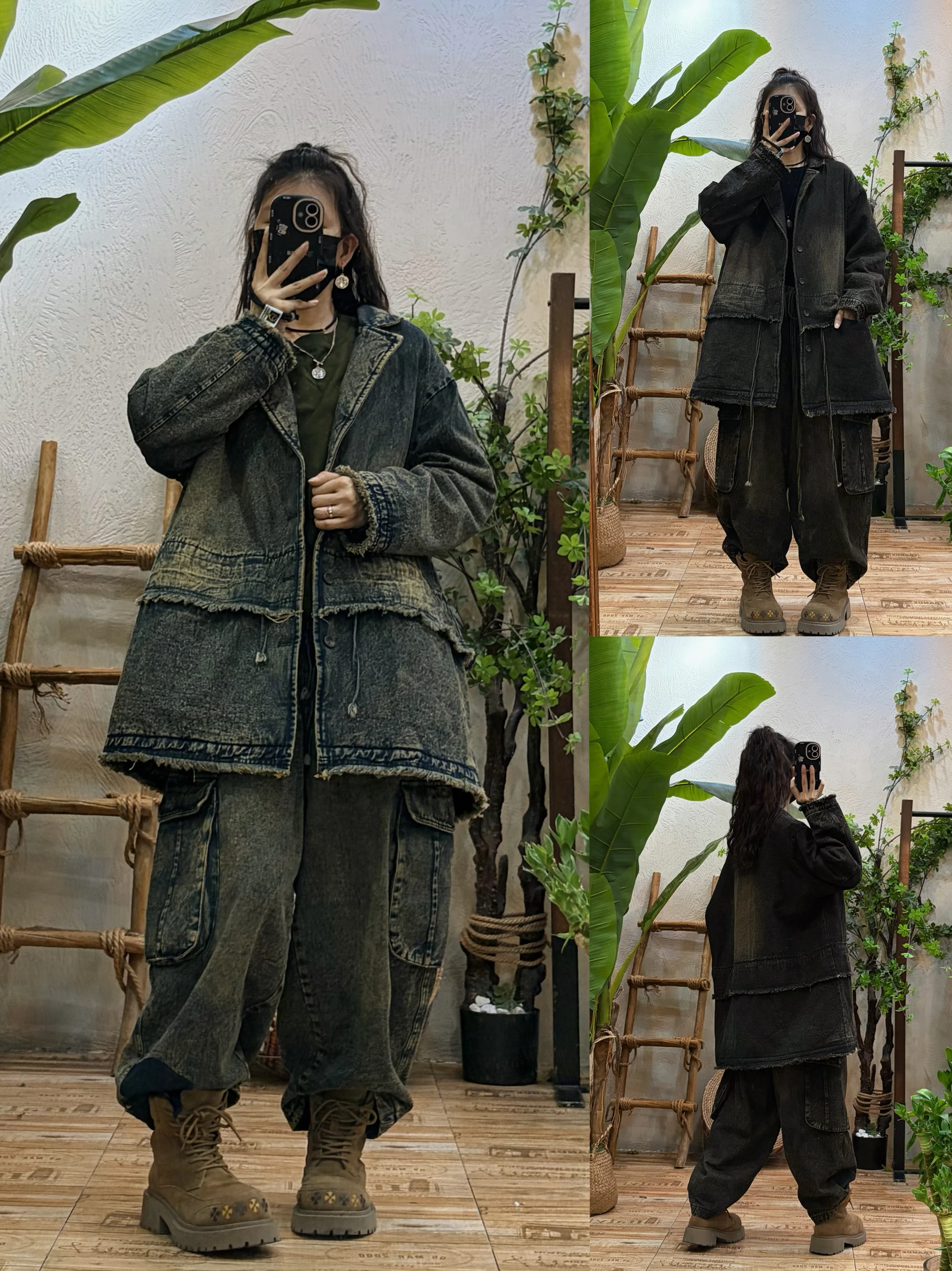 

Ретро Fce на подкладке, хлопковые джинсовые брюки-джани, комплект из двух предметов, женский зимний свободный повседневный комплект Personali, теплый Thiened