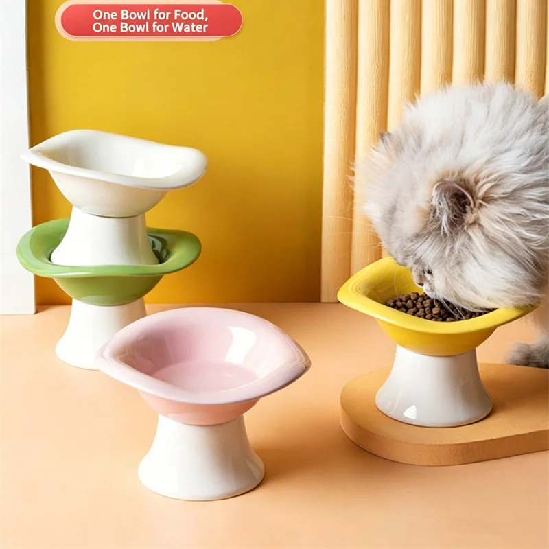Cute Elevated Flower Mouth Ceramic Cat Bowl Non Slip Raised Pet Feeder Dish Anti Black Chin Food Water Bowl for Cats Small Dogs