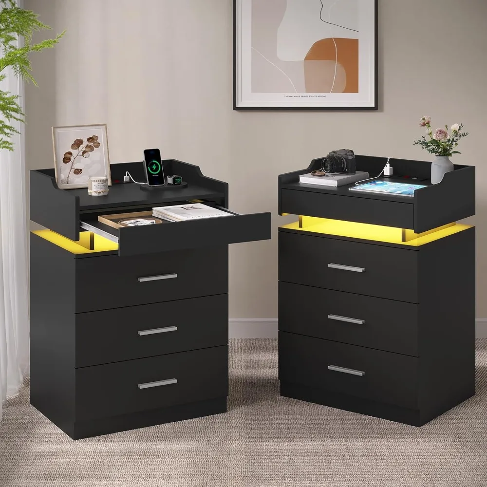 Black Nightstand Set of 2,LED Night Stand with Charging Station & Pull-Out Tray,Bedside Table with Drawers,