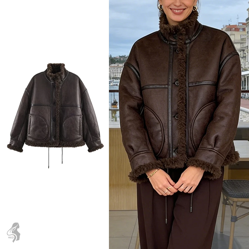 

Women Faux Fur Lined Stand Collar Jacket Large Pockets Single Breasted Short Casual Autumn Winter Warm Jacket Women Winter Coats