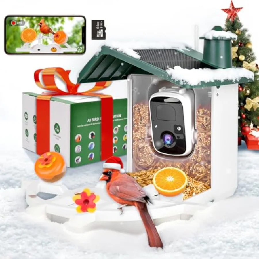 

Умная кормушка для птиц с камерой 2K AI для улицы, беспроводная уличная кормушка-домик для птиц с солнечной батареей, видео в реальном времени, автоматическая подача корма