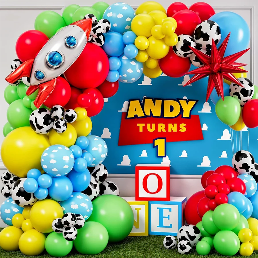Kit d'arche de ballons inspiré des dessins animés, bleu, rouge, jaune, vert, ballons en forme de vache et de nuage pour décorations d'anniversaire sur le thème des dessins animés, baby shower