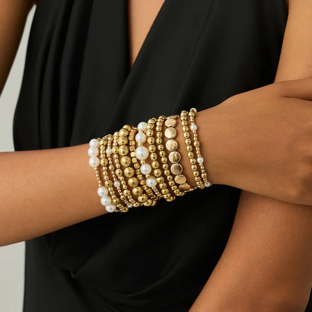 

SHIXIN 12 Pcs/Set Simple Gold Color CCB Bead Chain Bracelet for Women Multilayer Stacked Imitation Pearl Elastic Rope Bracelet