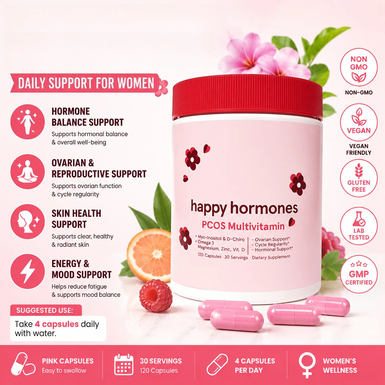 

Inositol 40:1 Women's Daily Wellness Supplement Myo & D-Chiro Inositol with Omega 3 Vitamin D3 Zinc Magnesium Daily Nutrition