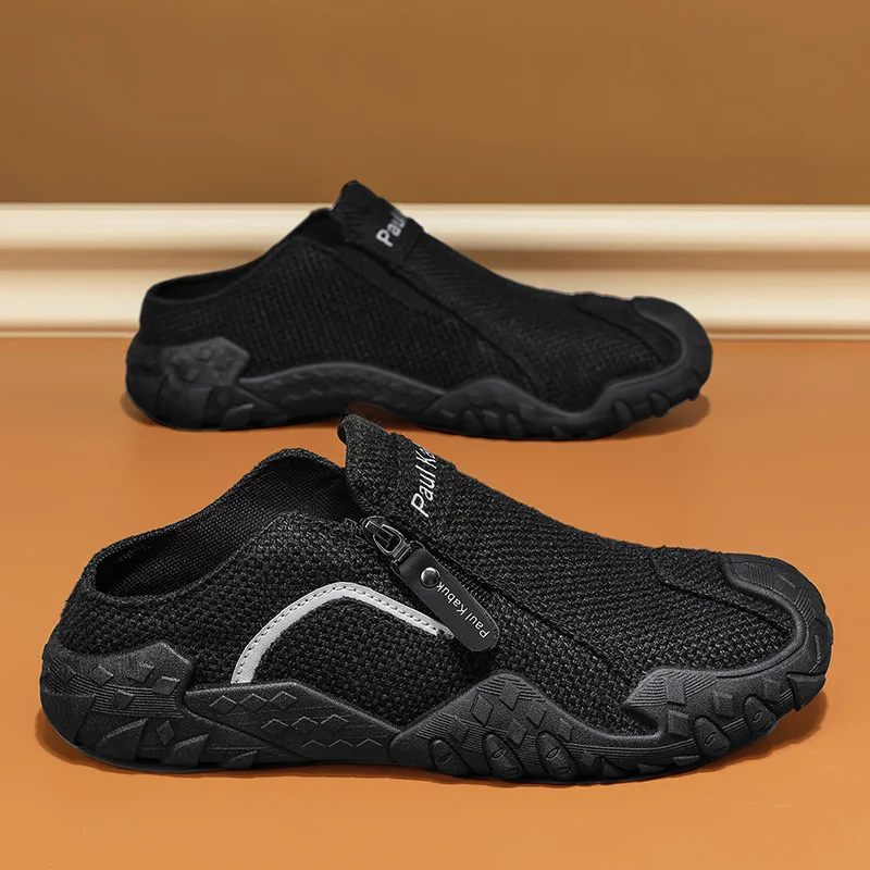 Flat Sneakers Casual Shoes Leather Summer Slide Sandals Mules Man Slip On Flats Half Shoes for Men Open-back Loafers Slippers