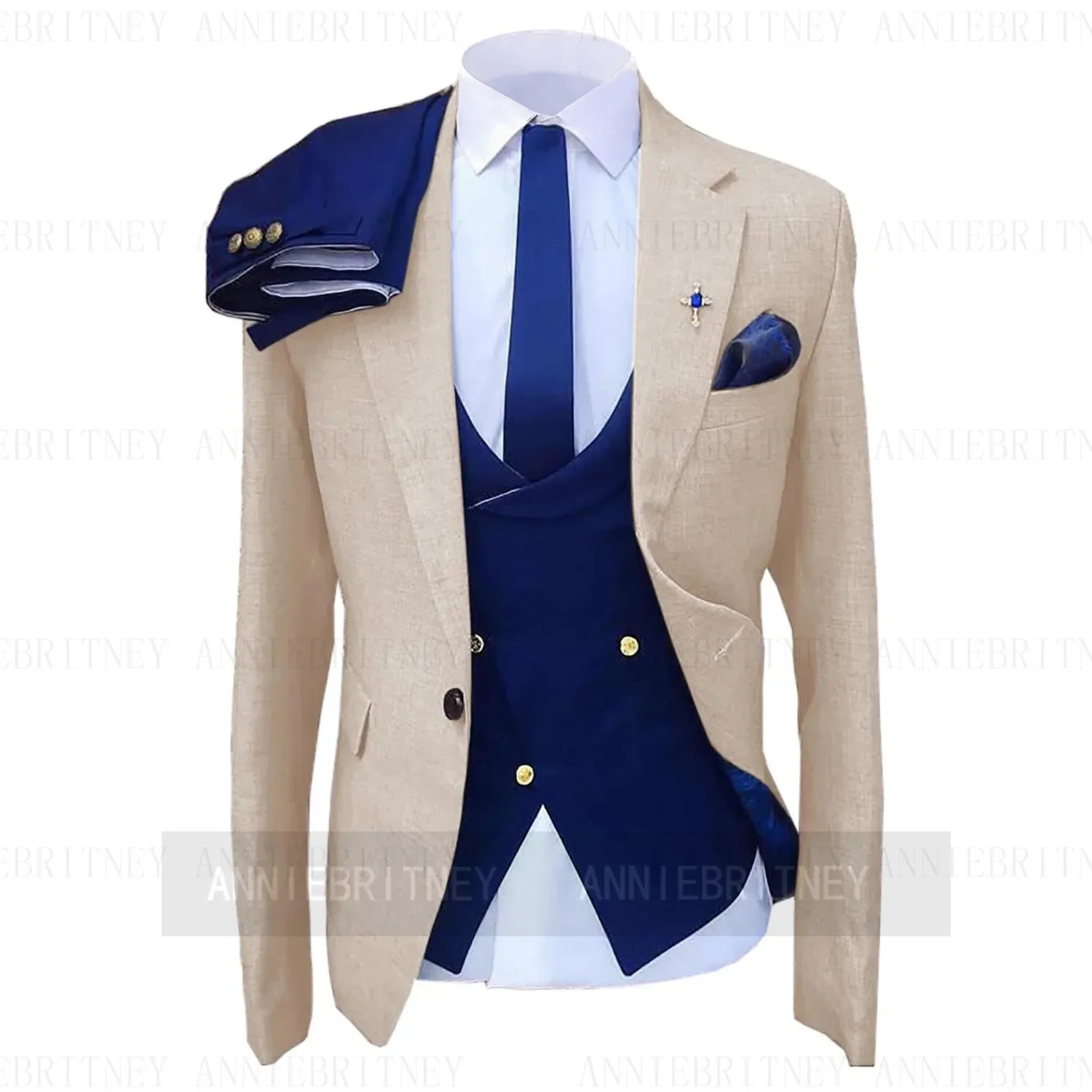 2024 Latest Beige Jacket Blue Pants Fashion Suit For Men Smart Casual Slim Fit Blazers Business High Quality Custom 3 Piece Set