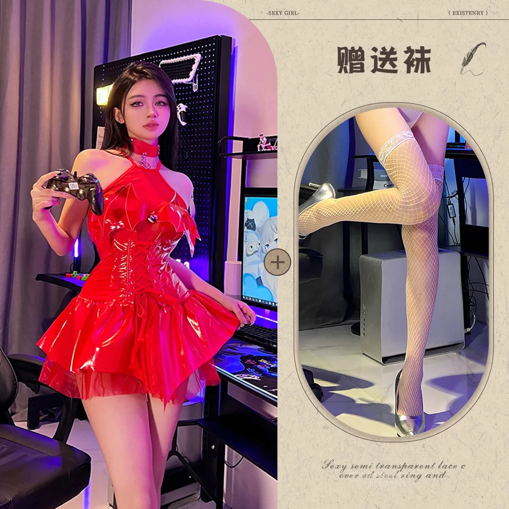 Ye Ting Xiang sexy lingerie tight patent leather devil temptation pu suit role play free uniform