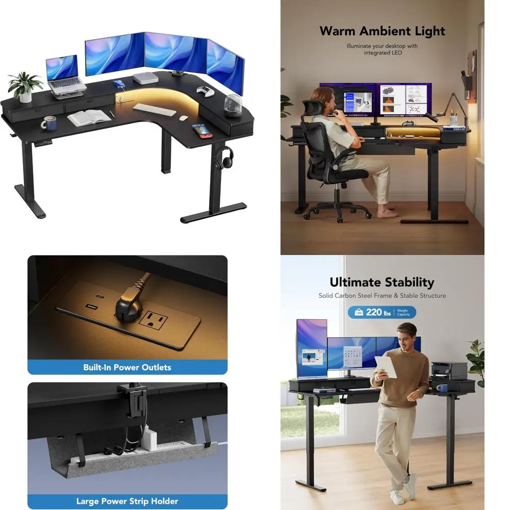 

Электрический L-образный угловой стол с регулируемой высотой, со встроенными розетками и светодиодной лентой для рабочих стоек