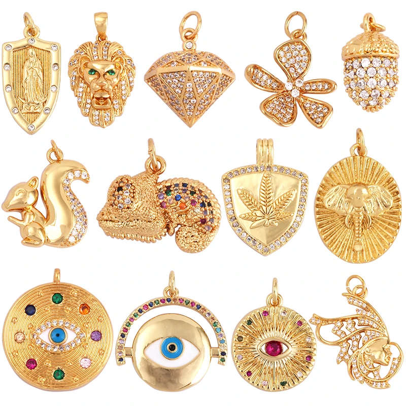 Lion Head Squirrel Pine Cone Evil Eye Cubic Zirconia CZ Paved Charm Pendant,18K Real Gold Plated Colour,Craft Jewelry Supply S29