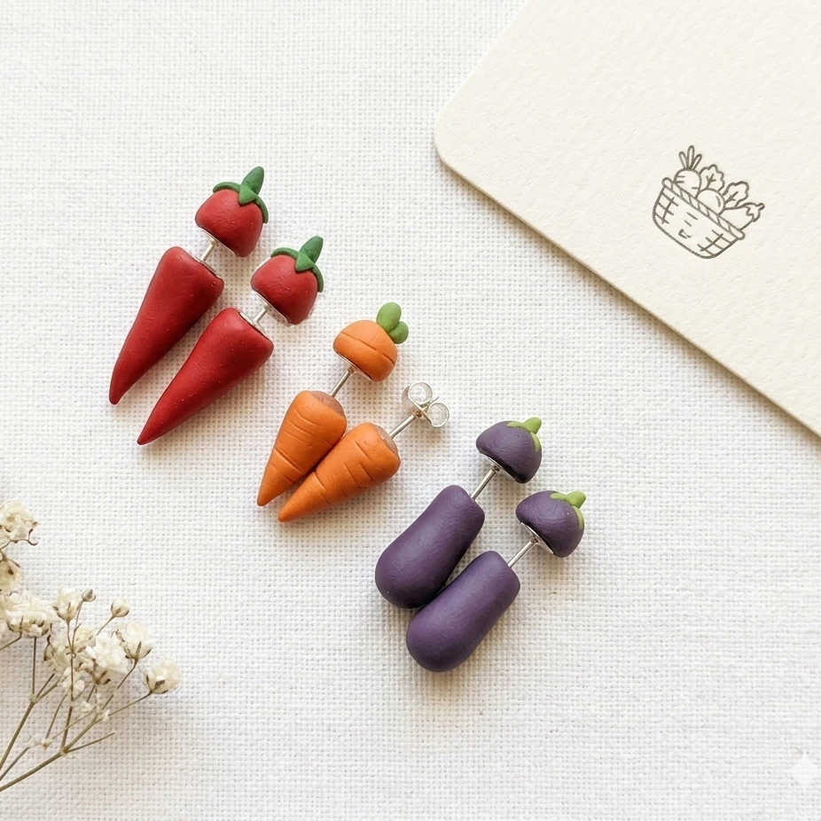 Handmade 3D Vegetable Polymer Clay Stud Earrings For Women Cute Chili Eggplant Carrot Front Back Ear Jackets Kawaii Food Earring