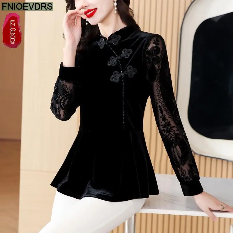 S-3XL Black Velvet Top Women Autumn Winter French Design Elegant Office Lady Work Button Shirt Casual Slim Retro Peplum Blouses