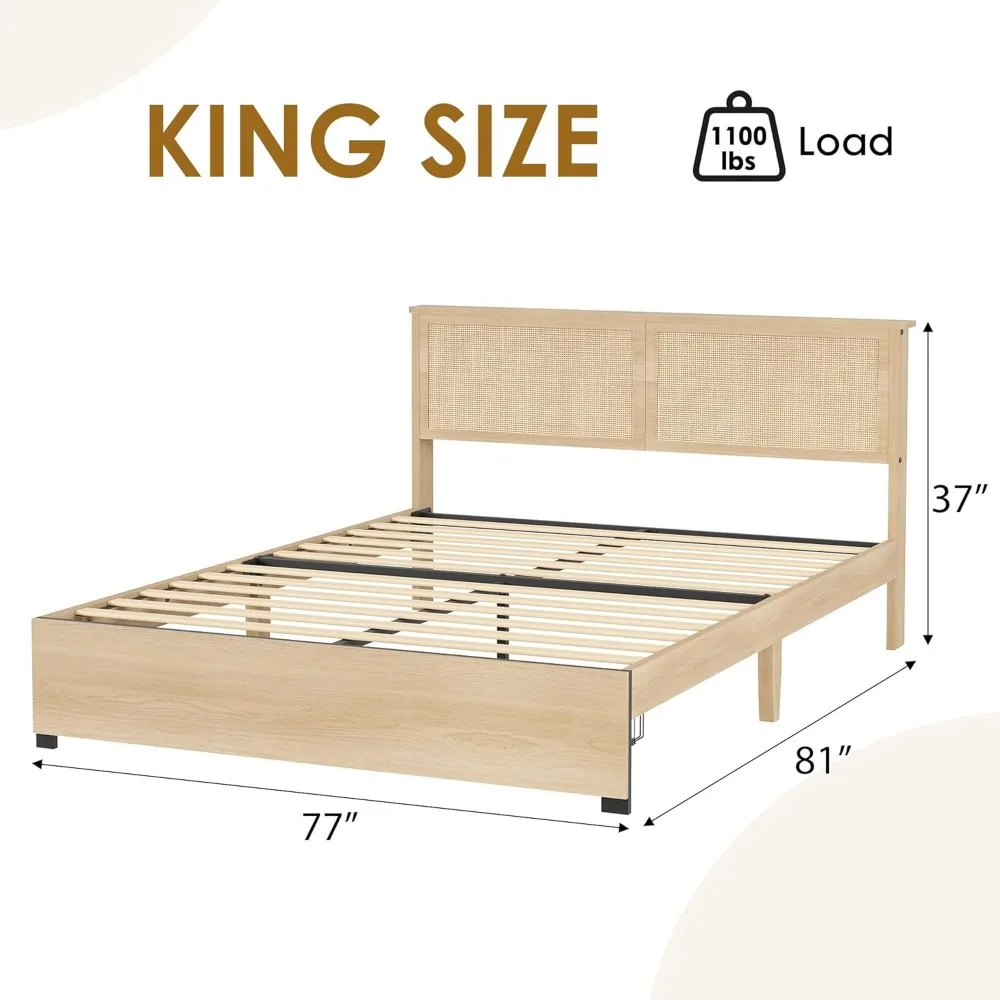 King Platform Bed Frame, King Size Bed Frame with Natural Rattan Headboard, Cane Bed Frame with 2 Storage Drawers