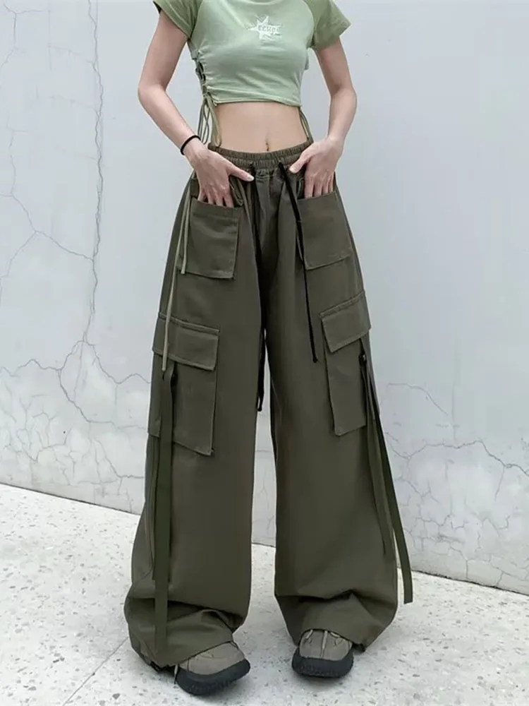High Waisted Baggy Cargo Pants Women's Casual Loose Streetwear Straight Pantalones Fashion Lace Up Wide Leg New Trousers