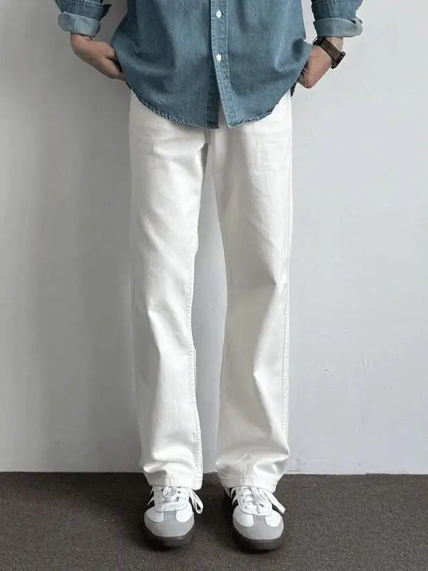 

White Loose Fit Men's Jeans CleanFit American High Street Vibe Straight Leg Trousers Trendy Brand Casual Straight Jeans