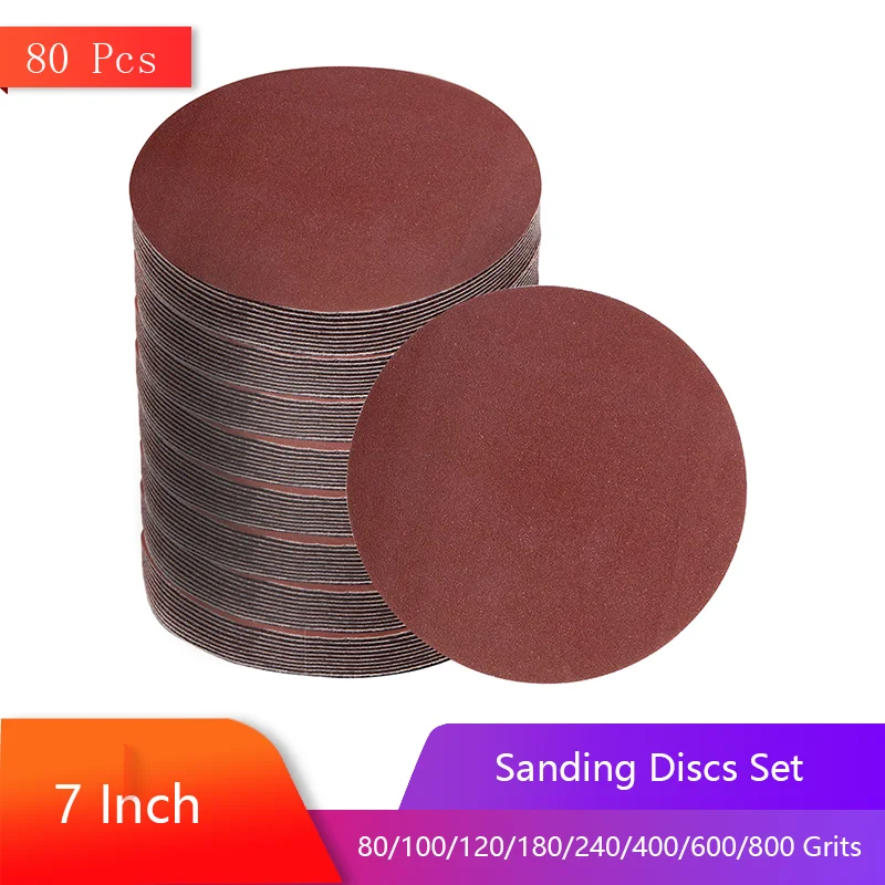 7 Inch Hook and Loop Sandpaper 80 Pcs Sanding Discs Assorted 80/100/120/180/240/400/600/800 Grits for High Speed Sanding