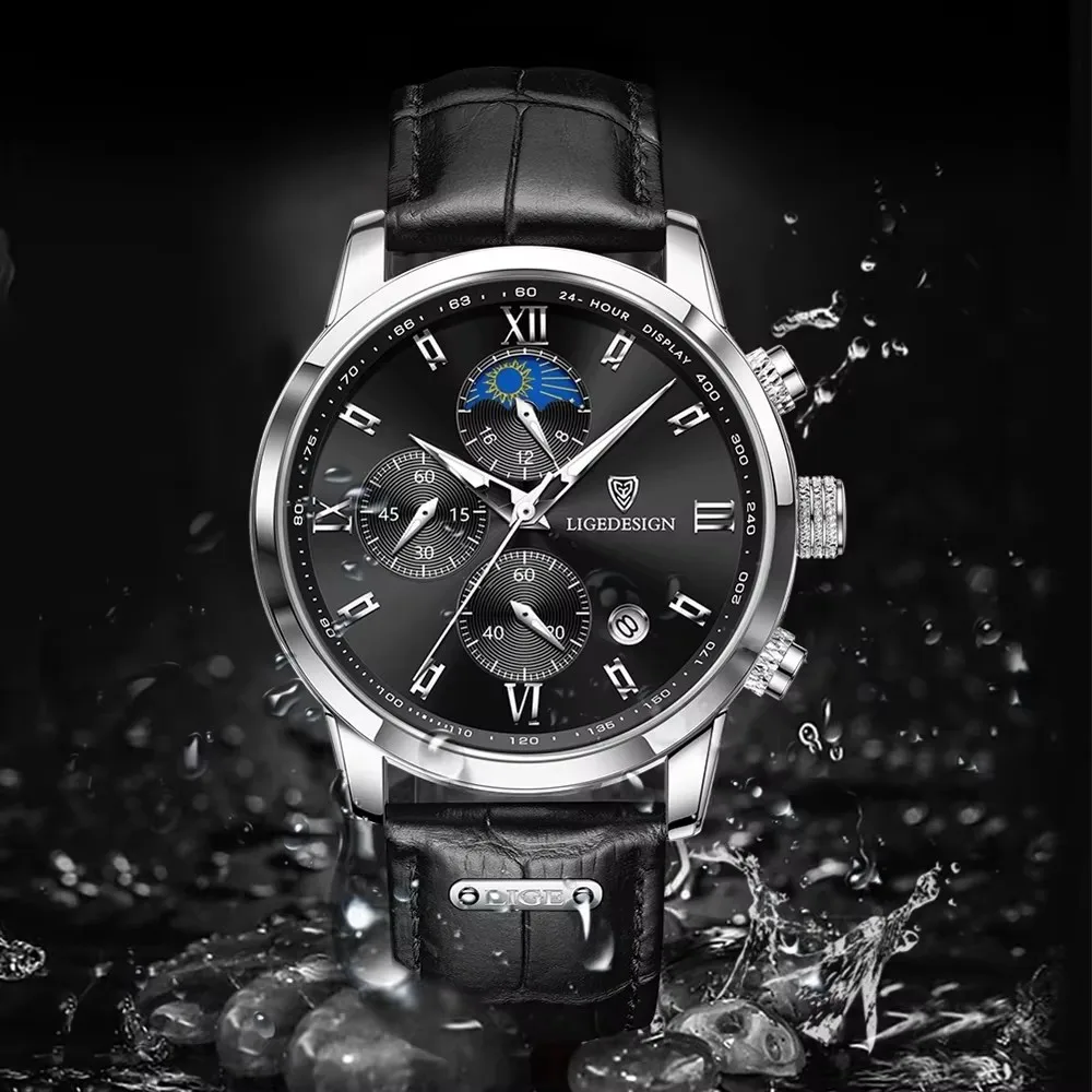LIGE 남성용 비즈니스 시계 브랜드 고급 가죽 남성 시계 방수 스포츠 쿼츠 크로노그래프 시계 남성용 렐로지오 마스쿨리노