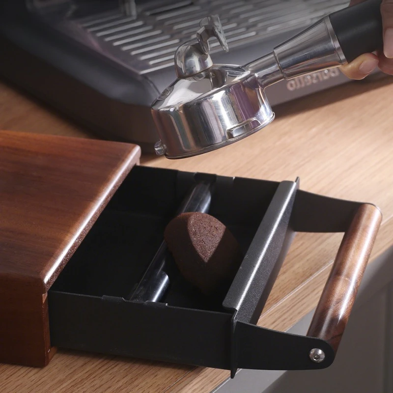 JUSTINLAU Walnut Wood Coffee Knock Box Drawer Type with Large Handle Black Espresso Grounds Container for Cafe Counter
