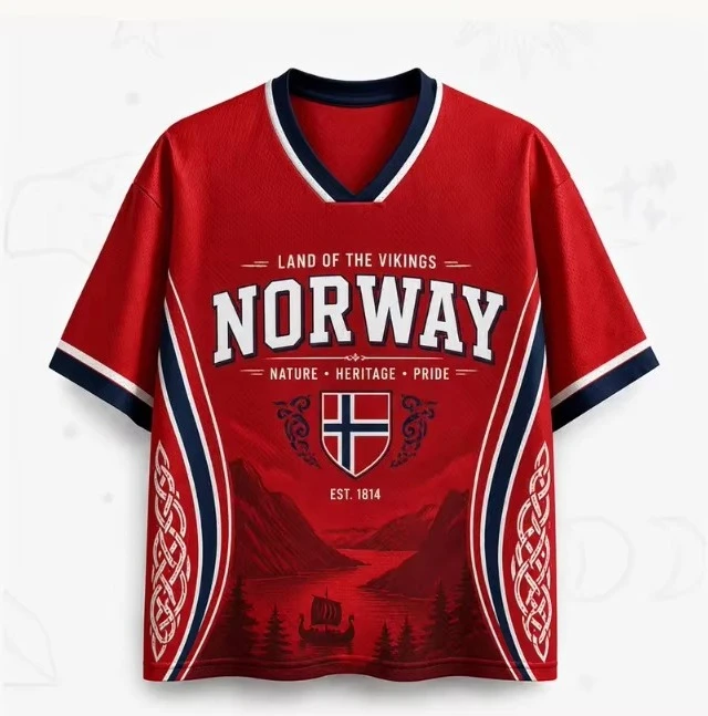 T-shirt unisexe surdimensionné en jersey imprimé 3D, motif navire viking norvégien Fjord N°9, col en V rétro, style streetwear, manches courtes, collection été 2026