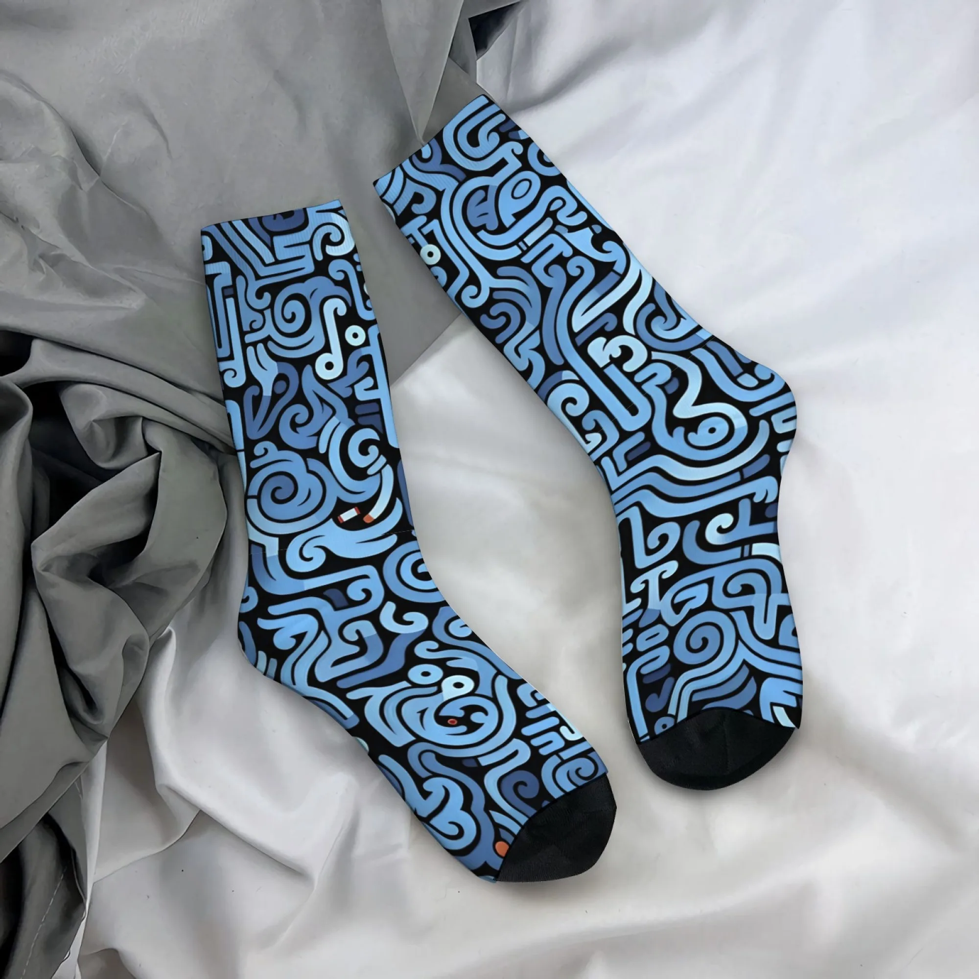 Blue and Black Abstract Line Mid-calf Socks Deep Sea Psychedelic Style Trendy Socks Comfortable and Breathable for Beach Walks