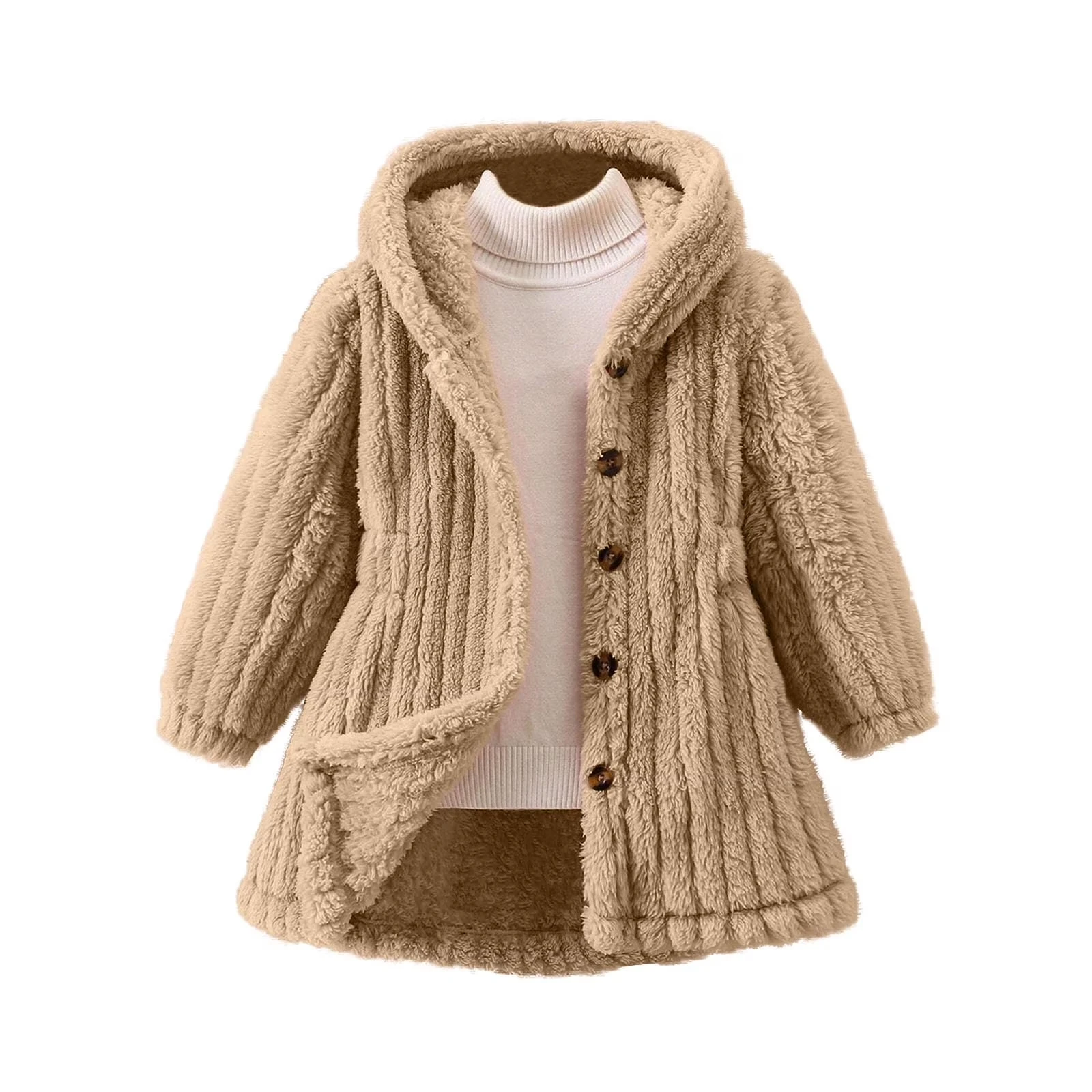 Girls' Fashionable Casual Solid Color Plush Warm Cardigan Long Sleeved Hooded Jacket Children Winter Warm Plush Coat Clothing