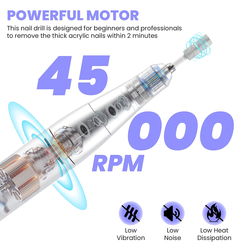 Kit trapano per unghie portatile da 45000 giri/min Trapano elettrico ricaricabile per unghie Trapano per unghie professionale per smalto per unghie in gel
