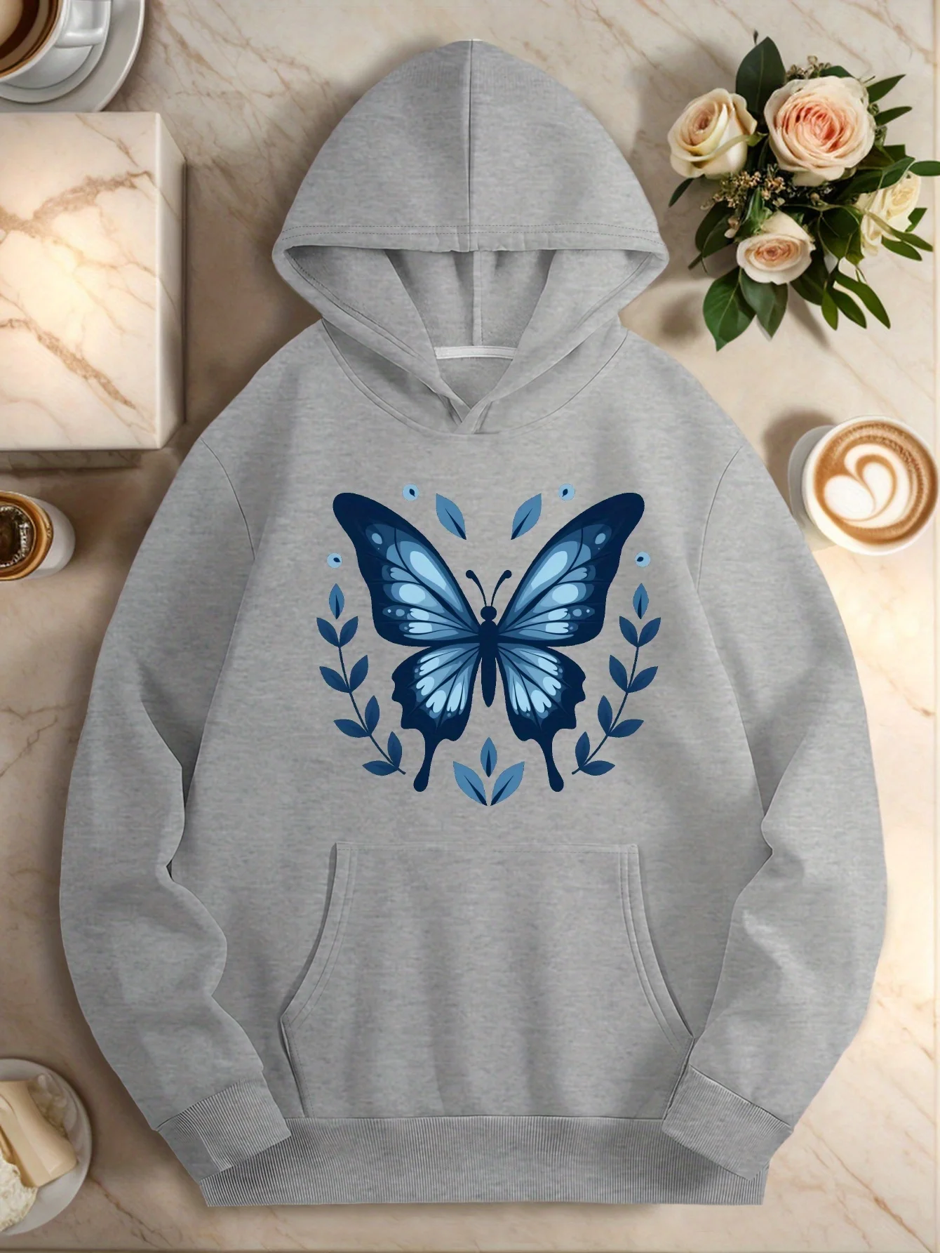 

Women's Plus Size Casual Hoodie with Blue Butterfly & Decorative Leaves Design - Cozy Fall/winter Wear, Non-Stretch Fabric