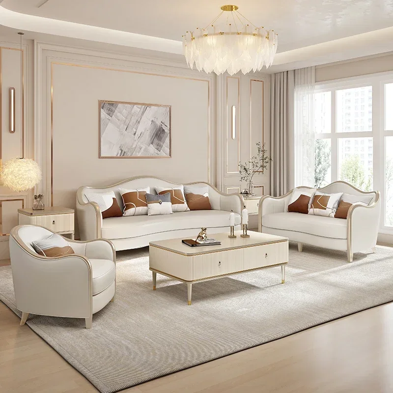 

American light luxury leather sofa combination French solid wood living room