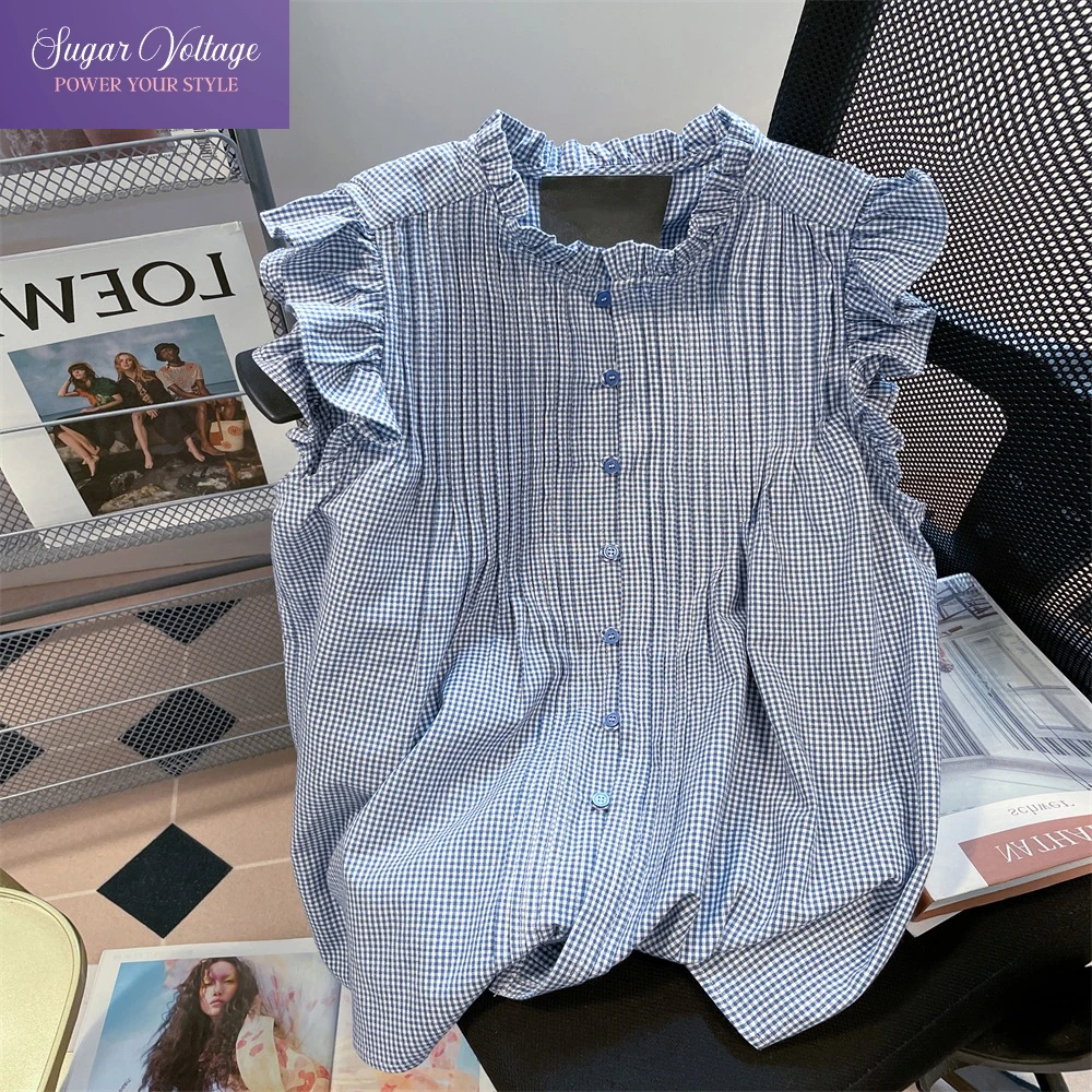 

French Sweet Ruffle Plaid Sleeveless Blouse Women Summer Korean Chic Youthful Pleated Design Cute Mini Flutter Sleeve Tops New