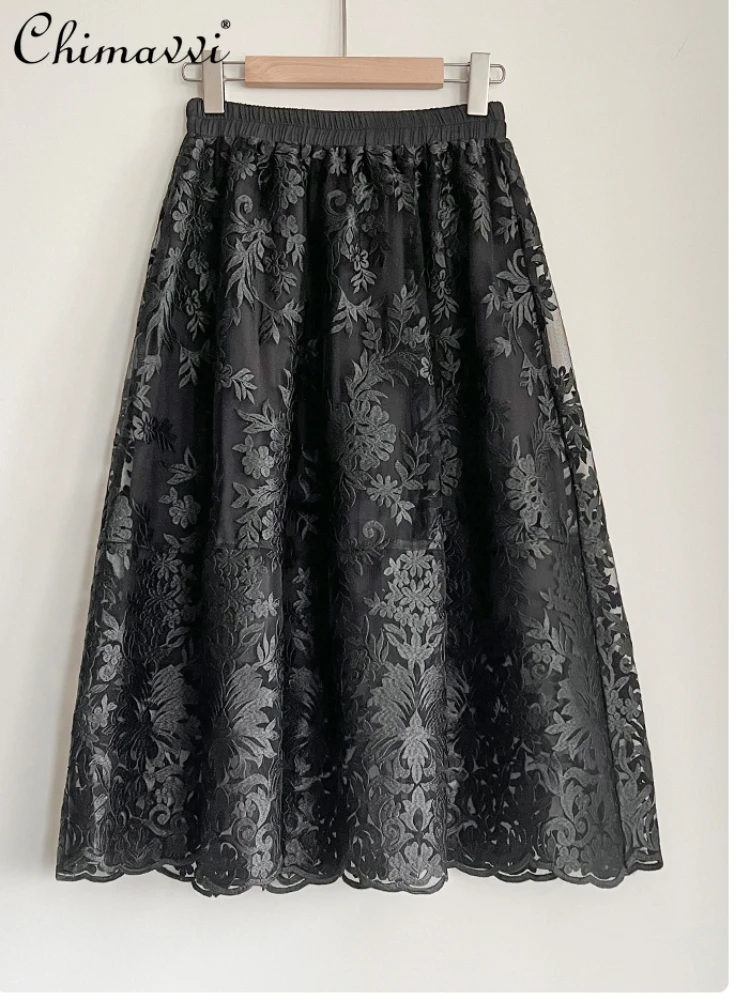 Fashion Refined Lace Embroidered Solid Color High Waist Lantern Skirt 2023 Spring Autumn French Style Umbrella Slimming Skirts