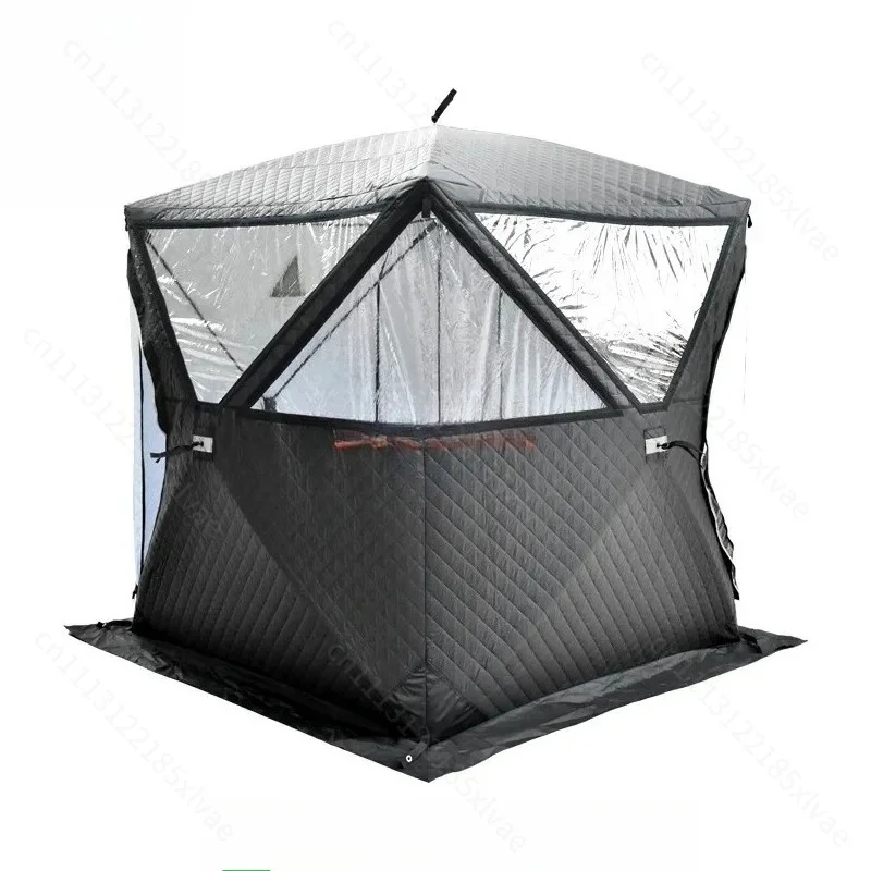 For 3-4 Person 4-Season Pop-Up Insulated Ice Fishing Sauna Tent Portable Winter Camping with Large Windows & Stove Vent