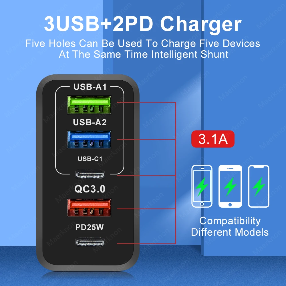 5 Ports 65W GaN Fast Charger PD USB Type C Phone Charger Power Adapter For iPhone 14 13 Xiaomi Samsung Quick Charge Wall Charger