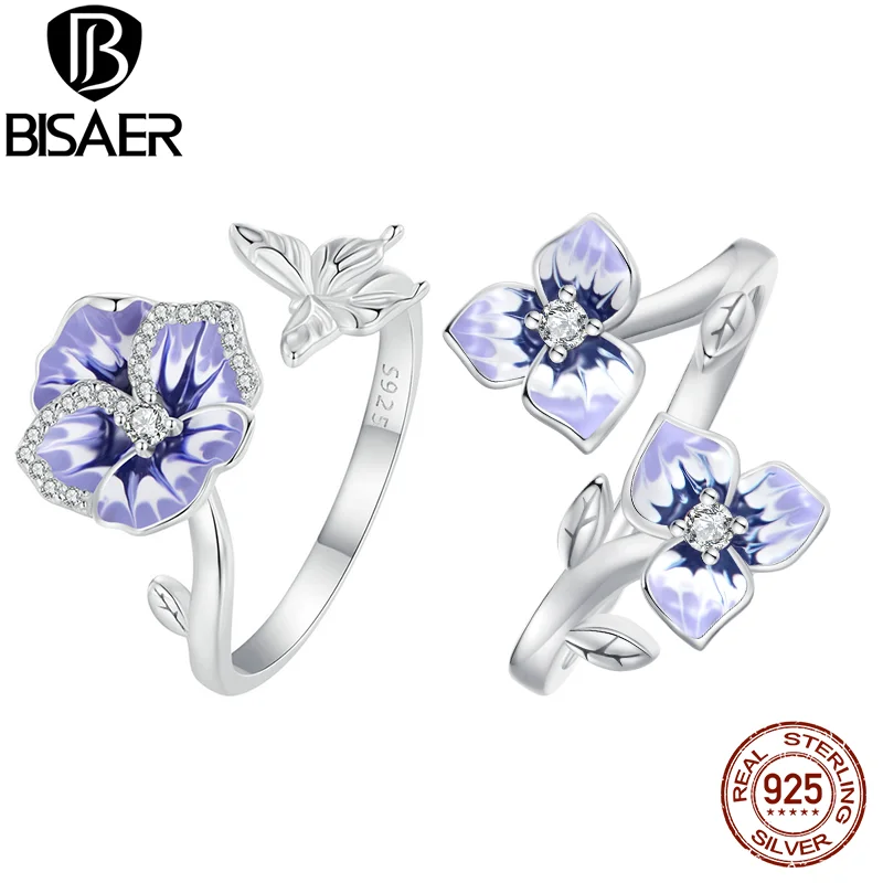 BISAER 925 Sterling Silver Pansy Flower Ring for Women Plated Platinum Gradient Purple Enamel Process Adjustable Band Jewelry