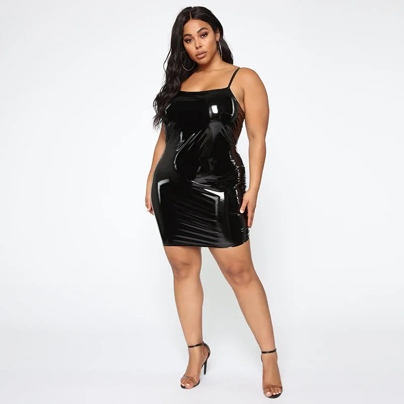 Plus Size Women PU Leather Dresses Sexy Halter Spaghetti Straps Dress Ladies Latex Leather Sleeveless Bodycon Mini Dress 5XL