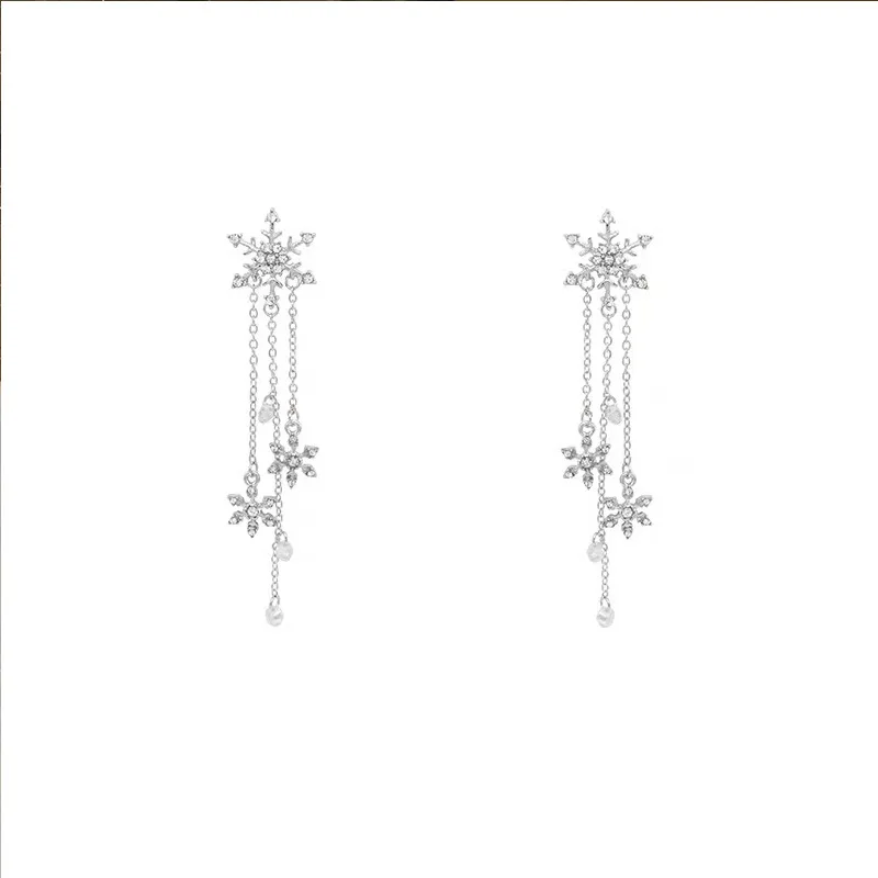 New Temperament Long Tassel Earring For Women Female Wedding Jewelry Christmas Rhinestone Snowflake Ear Studs Fashion Party Gift