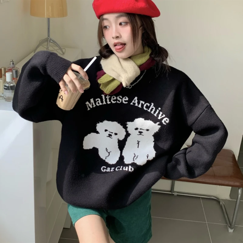 High Street Cute Running Dog Cartoon Jacquard Sweater Winter Knitted Pullover Oversized Streetwear Korean Fashion Kawaii Clothes