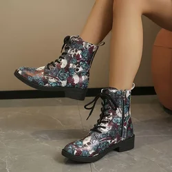 2024 autunno colorful Snake Print stivaletti donna Pu Leather Lace Up Short Boots Fashion Show stivali da donna 35-43